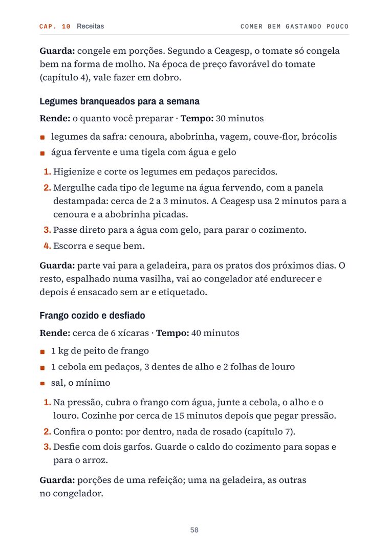 Página 58 do livro: Receitas: legumes branqueados e frango desfiado