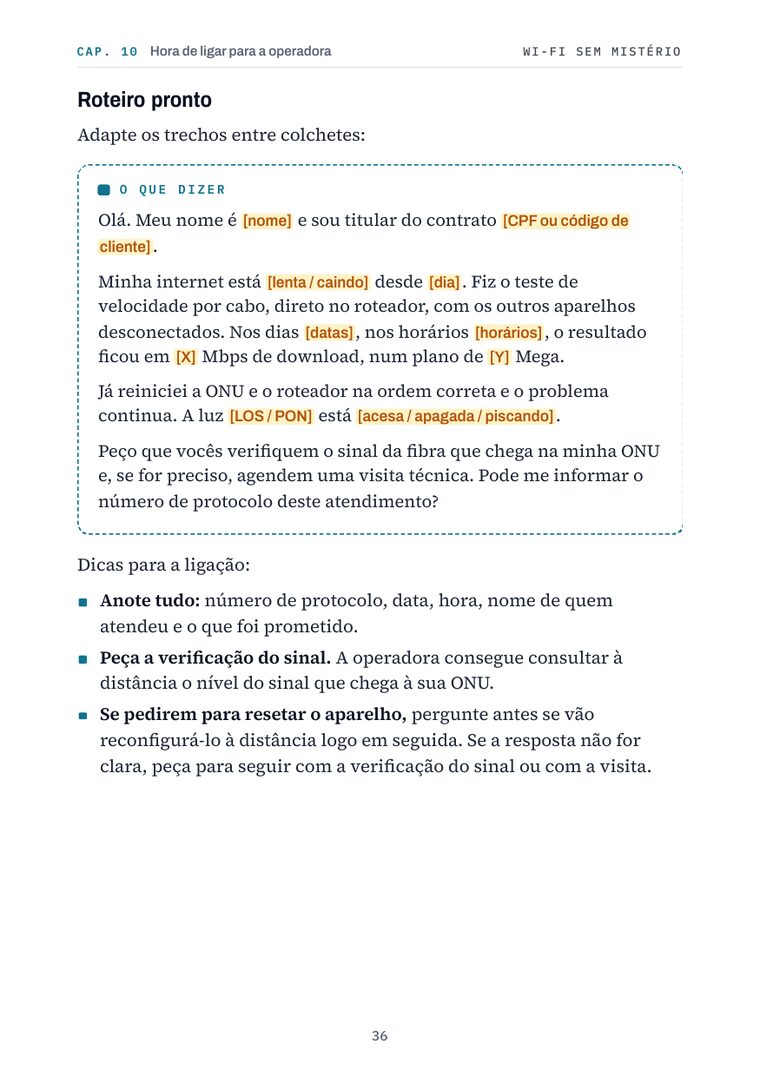 Página 36 do livro: Roteiro pronto para ligar para a operadora